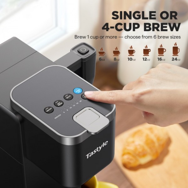 Tastyle Single Serve Coffee Maker with Detachable Milk Frother, Iced and Hot Coffee Machine for K Cup & Grounds, 40oz Removable Water Reservoir, 6 Brew Sizes, Fits 7.3" Travel Mug, Black