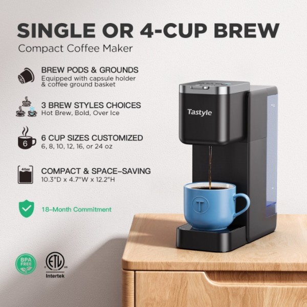 Tastyle Single Serve Coffee Maker, Iced and Hot Coffee Machine for K Cup & Grounds, Compact Design, 40oz Removable Water Reservoir, 6 to 24 Oz Brew Sizes, Fits 7.3" Travel Mug