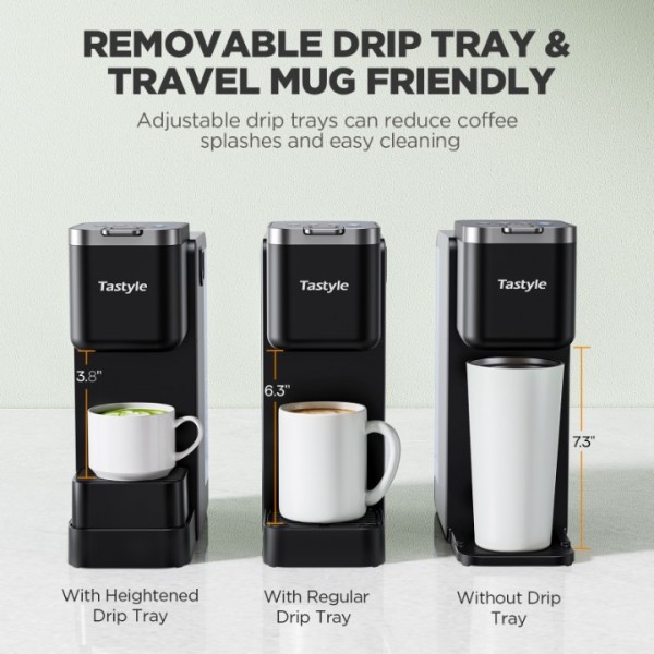 Tastyle Single Serve Coffee Maker with Detachable Milk Frother, Iced and Hot Coffee Machine for K Cup & Grounds, 40oz Removable Water Reservoir, 6 Brew Sizes, Fits 7.3" Travel Mug, Black
