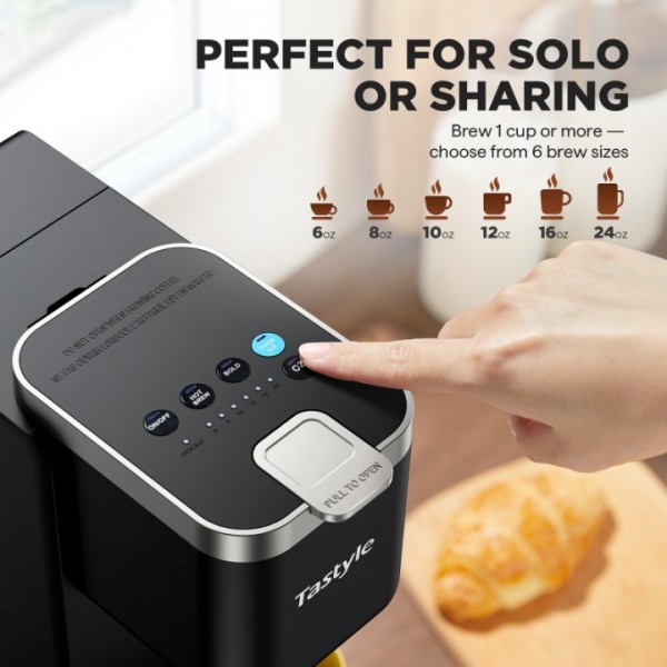 Tastyle Single Serve Coffee Maker, Iced and Hot Coffee Machine for K Cup & Grounds, Compact Design, 40oz Removable Water Reservoir, 6 to 24 Oz Brew Sizes, Fits 7.3" Travel Mug