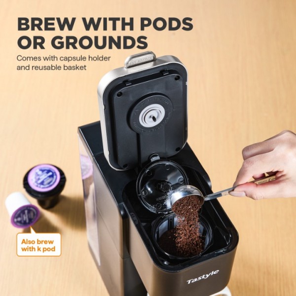 Tastyle Single Serve Coffee Maker, Iced and Hot Coffee Machine for K Cup & Grounds, Compact Design, 40oz Removable Water Reservoir, 6 to 24 Oz Brew Sizes, Fits 7.3" Travel Mug