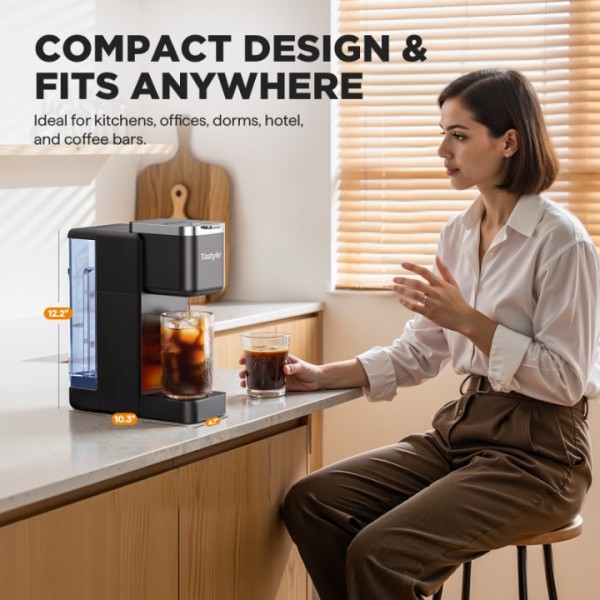 Tastyle Single Serve Coffee Maker, Iced and Hot Coffee Machine for K Cup & Grounds, Compact Design, 40oz Removable Water Reservoir, 6 to 24 Oz Brew Sizes, Fits 7.3" Travel Mug