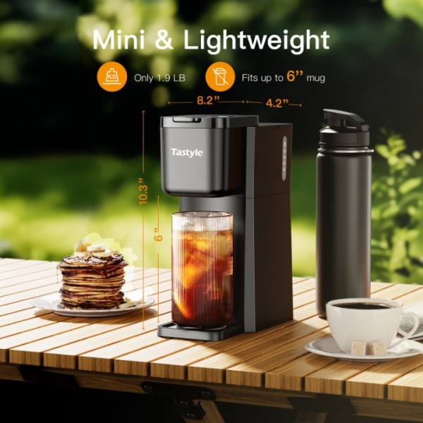Tastyle Mini Hot and Iced Coffee Maker Single Serve, for K Cup and Ground, 6 to 14 Oz Brew Sizes, with Recipe Book, for Home, Travel, RV, Office and Dorm, Classic Black 