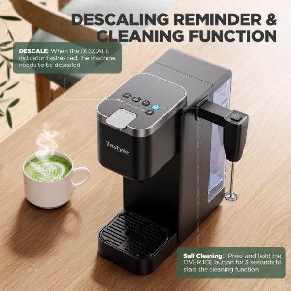 Tastyle Single Serve Coffee Maker with Detachable Milk Frother, Iced and Hot Coffee Machine for K Cup & Grounds, 40oz Removable Water Reservoir, 6 Brew Sizes, Fits 7.3" Travel Mug, Black