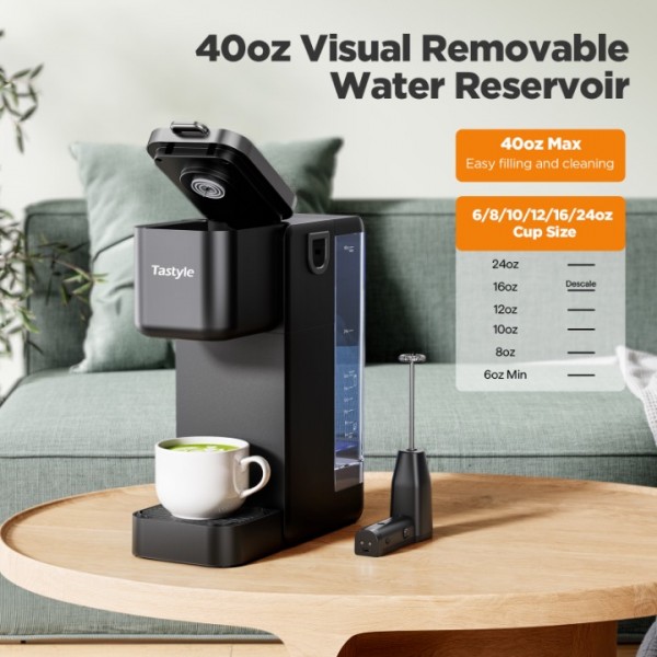 Tastyle Single Serve Coffee Maker with Detachable Milk Frother, Iced and Hot Coffee Machine for K Cup & Grounds, 40oz Removable Water Reservoir, 6 Brew Sizes, Fits 7.3" Travel Mug, Black