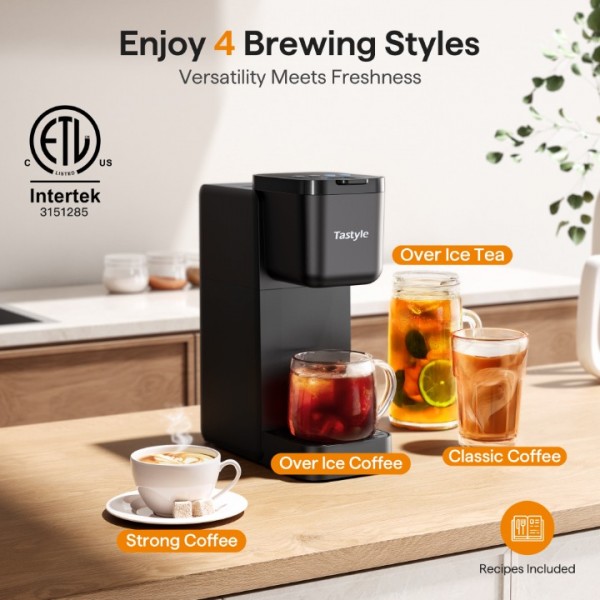 Tastyle Single Serve Coffee Maker for K Cup, Ground and Tea Leaves, Hot and Iced Coffee Machines with Bold Setting, 6 to 16 Oz Brew Sizes, Compact for Small Spaces, Black