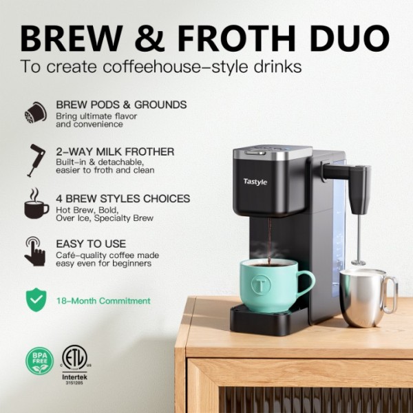 Tastyle Single Serve Coffee Maker with Detachable Milk Frother, Iced and Hot Coffee Machine for K Cup & Grounds, 40oz Removable Water Reservoir, 6 Brew Sizes, Fits 7.3" Travel Mug, Black