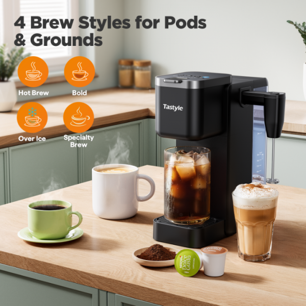 Tastyle Single Serve Coffee Maker with Detachable Milk Frother, Iced and Hot Coffee Machine for K Cup & Grounds, 40oz Removable Water Reservoir, 6 Brew Sizes, Fits 7.3" Travel Mug, Black