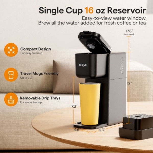 Tastyle Single Serve Coffee Maker for K Cup, Ground and Tea Leaves, Hot and Iced Coffee Machines with Bold Setting, 6 to 16 Oz Brew Sizes, Compact for Small Spaces, Black