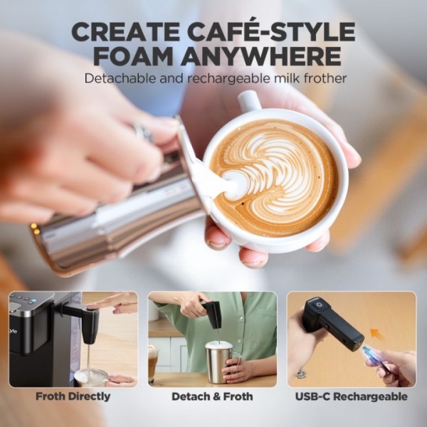 Tastyle Single Serve Coffee Maker with Detachable Milk Frother, Iced and Hot Coffee Machine for K Cup & Grounds, 40oz Removable Water Reservoir, 6 Brew Sizes, Fits 7.3" Travel Mug, Black